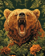 Wall Mural - Grizzly Roaring Illustration