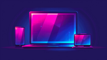 Poster - Glowing electronic devices on a dark background, showcasing a neon color scheme, illustrating a concept of digital connectivity. Generative AI