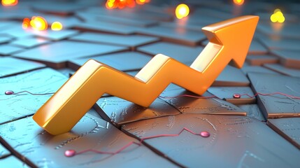 Poster - A golden upward arrow on an abstract blue financial background, symbolizing growth, success, and positive market trends.
