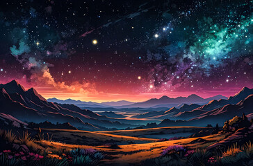 a night sky filled with twinkling stars, distant galaxies, and colorful nebulae vector art illustrat