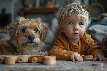 The friendship between a baby and a dog puppy