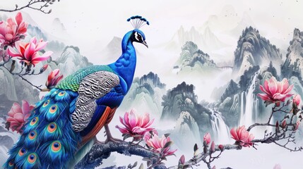 Wall Mural - 3D peacock sitting on a magnolia tree branch wallpaper
