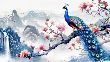 Wall Mural - 3D peacock sitting on a magnolia tree branch wallpaper