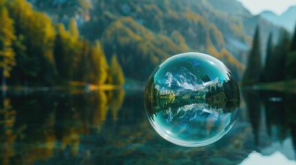 A transparent soap bubble hanging over a calm lake, reflecting the landscape around. The effect of the magical world inside it