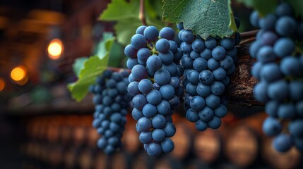 Wall Mural - Close-up of deep purple grapes hanging from a vine with a bokeh vineyard and wine barrels in the background