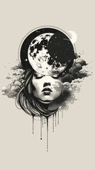 Wall Mural - Woman face with moon and smoke. Hand drawn illustration. Vector