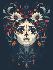 Wall Mural - Vector illustration of a beautiful girl with a floral pattern on her face