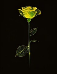 Sticker - AI-generated illustration of a luminous yellow rose atop a leafy stem