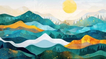 Abstract mountain range with golden sun, blue sky wallpaper