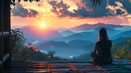 Poster - A person sitting on a roof enjoying a mountain sunset with warm colors and natural background, conveying a concept of peace. Generative AI