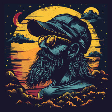 Vintage hipster man with beard, hat and sunglasses. Vector illustration.