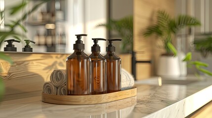 Poster - Three amber bottles with pumps are arranged on a wooden tray in a modern bathroom setting. Generative AI