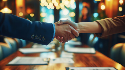 Poster - A close-up of two people shaking hands, seen in a warm light with a bokeh background, symbolizing a business agreement. Generative AI