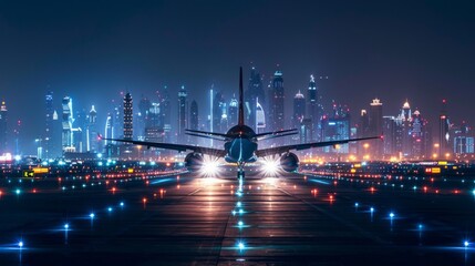 Sticker - A large jet is on the runway in front of a city