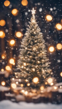 Christmas winter blurred background (vertical image) Christmas tree with snow decorated with garland