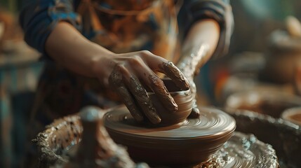 Close-up of a woman's hands dyed with clay. Work at a pottery wheel in a pottery workshop. The process of making ceramic dishes. The concept of handicraft, art and craft