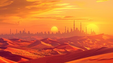 Wall Mural - a sunset view of a mosque in the desert for banner ads