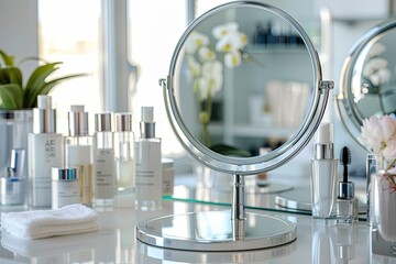Poster - A sleek, circular tabletop mirror surrounded by various cosmetic products in a bright and inviting bathroom. Generative AI