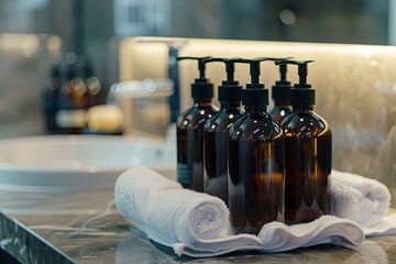 Poster - Close-up of sleek amber bottles of shampoo and conditioner, arranged on a white towel in a modern bathroom. Generative AI