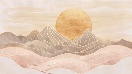 Wall Mural - illustration of a mountain range with a rising sun wallpaper