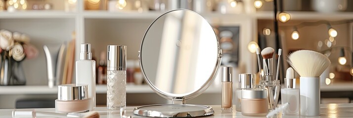 Poster - A tabletop mirror surrounded by an assortment of cosmetic products. Generative AI