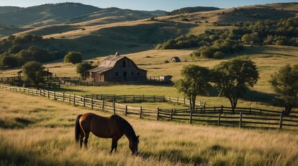 Canvas Print - a horse grazing in the field near a large wooden fence