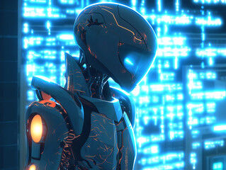 Aufkleber - A futuristic robot with glowing lines against a digital blue background, showcasing a concept of advanced technology. Generative AI