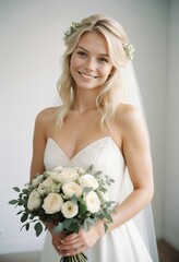 Wall Mural - happy portrait of beautiful and attractive blond hair bride with bouquet of flowers, isolated white background
