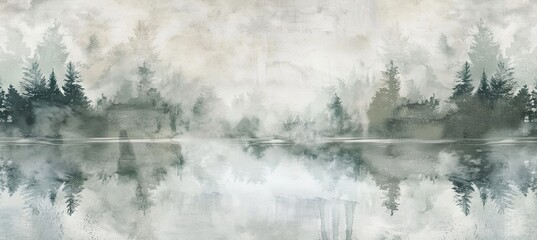 Sticker - Abstract Wallpaper Evoking a Misty Forest Morning, with Soft Green and Grey Watercolor Washes