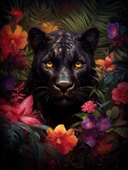 Wall Mural - a black panther is surrounded by plants and flowers, in this artistic photo