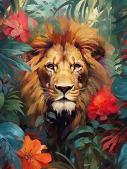 Wall Mural - an image of a painting of a lion in the jungle