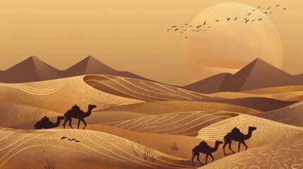 desert with camels and dunes wallpaper