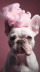 Poster - a dog with pink hair sitting down in front of a pink background