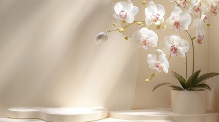 Front view of white podium with and flower in beige background for advertising , abstract content. Pedestal for cosmetic product and packaging mockups display presentation. empty stage. 