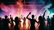 © abu - silhouettes of people portrait dancing at a crowded party at midnight, colorful lights and smoke at background