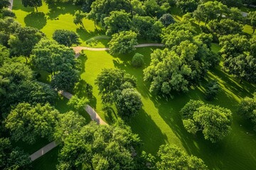 Wall Mural - A birds-eye view of a park filled with numerous trees creating a lush green canopy over open, grassy areas with winding pathways