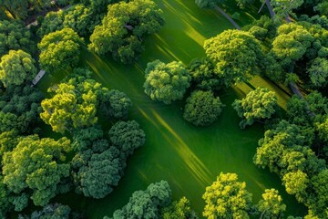 Canvas Print - An aerial photograph showcasing a park filled with numerous trees creating a lush green canopy over an expansive open area with shadows cast by the trees on the green grass
