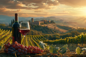 Glasses of fresh red wine with grapes, cheeses, bottle and barrel on a sunset background in Toscane. Italy vineyard and agroturism. Wine shop or wine tasting concept with copy space AI