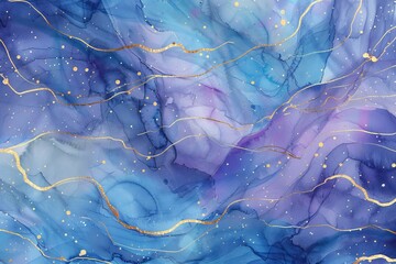 Aufkleber - An illustration design template for wedding invitations, menus, RSVP cards with cyan blue liquid watercolor background and golden stains. Teal turquoise and violet marble alcohol ink drawing effect.