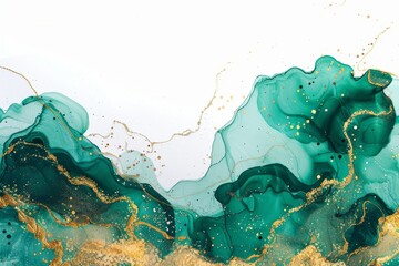 Canvas Print - A marble green liquid watercolor background with gold wave pattern. An emerald alcohol ink drawing effect with dusty grey stains. Modern image of elegant fluid acrylic wallpaper made from liquid