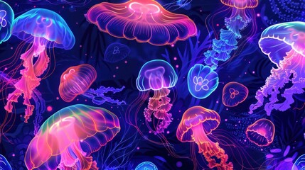 glowing jellyfish and algae on underwater neon wallpaper