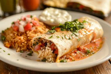 Wall Mural - A white plate featuring a large burrito with rice and salsa, shot from a high angle