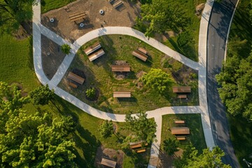 Wall Mural - An aerial view of a well-maintained park with benches, trees, and picnic areas. The walkways are neatly arranged, providing a pleasant atmosphere for relaxation and recreation
