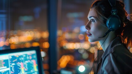 Poster - A woman wearing headphones is looking at a computer screen