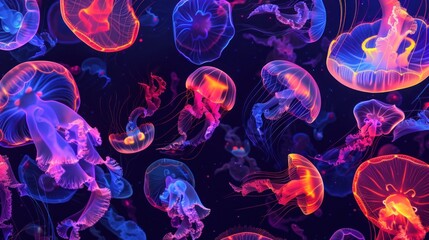 glowing jellyfish and algae on underwater neon wallpaper