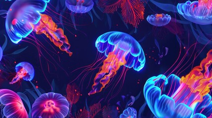 Wall Mural - glowing jellyfish and algae on underwater neon wallpaper