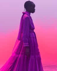 Poster - AI generated illustration of a woman in a flowing dress strolling under pink skies