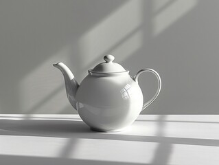 White teapot on table with shadow