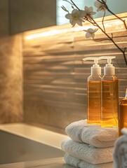 Poster - Two luxurious shampoo and conditioner bottles sit on a bathroom countertop with a stack of white towels. Generative AI