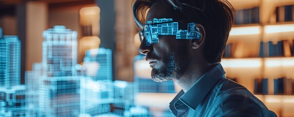 Poster - amidst the hustle of a bustling office, a real estate agent engages with holographic 3d render model